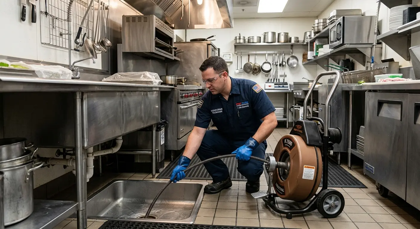 Commercial drain cleaning service in a restaurant kitchen in Orlando