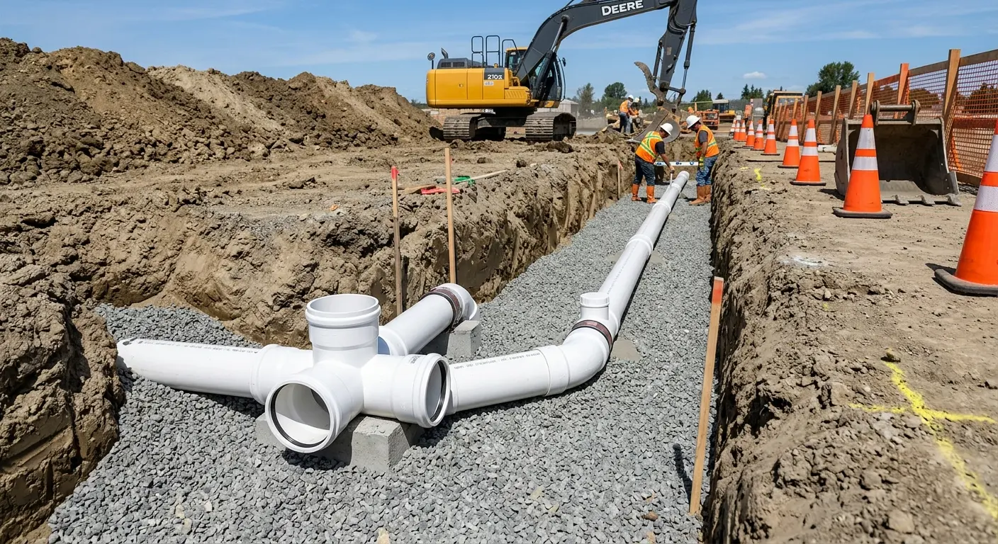 New PVC sewer pipe installation in open trench for Commercial Drain Cleaning in Orlando