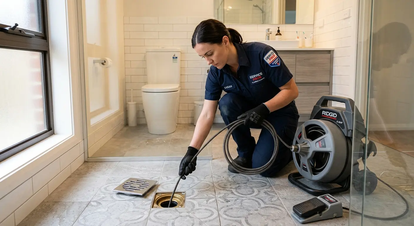 Technician clearing a bathroom floor drain for Drain Cleaning in Orlando